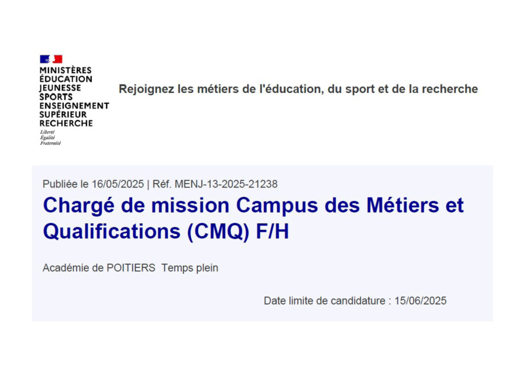 Recrutement chargé de mission Campus des Métiers et Qualifications (CMQ) F/H