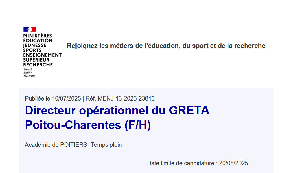 L’Académie de Poitiers recrute un Directeur opérationnel du GRETA Poitou-Charentes F/H